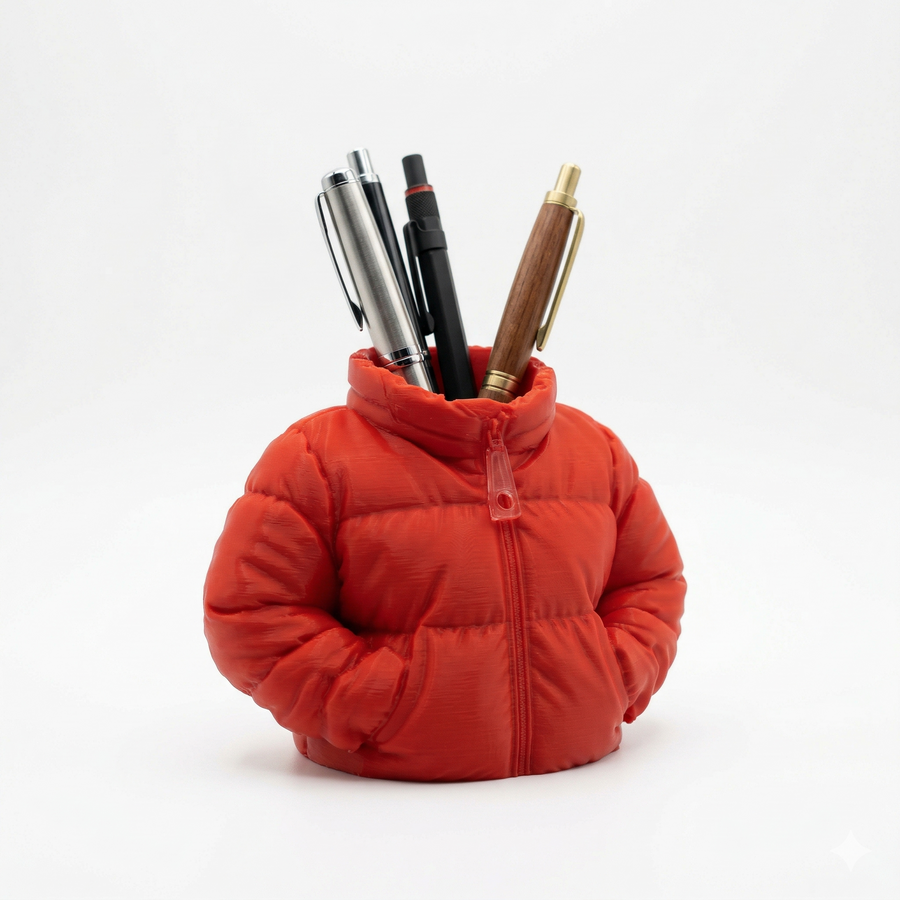Stylish Puffer Jacket Pen Holder - 3D Printed Desk Organizer for Stationery