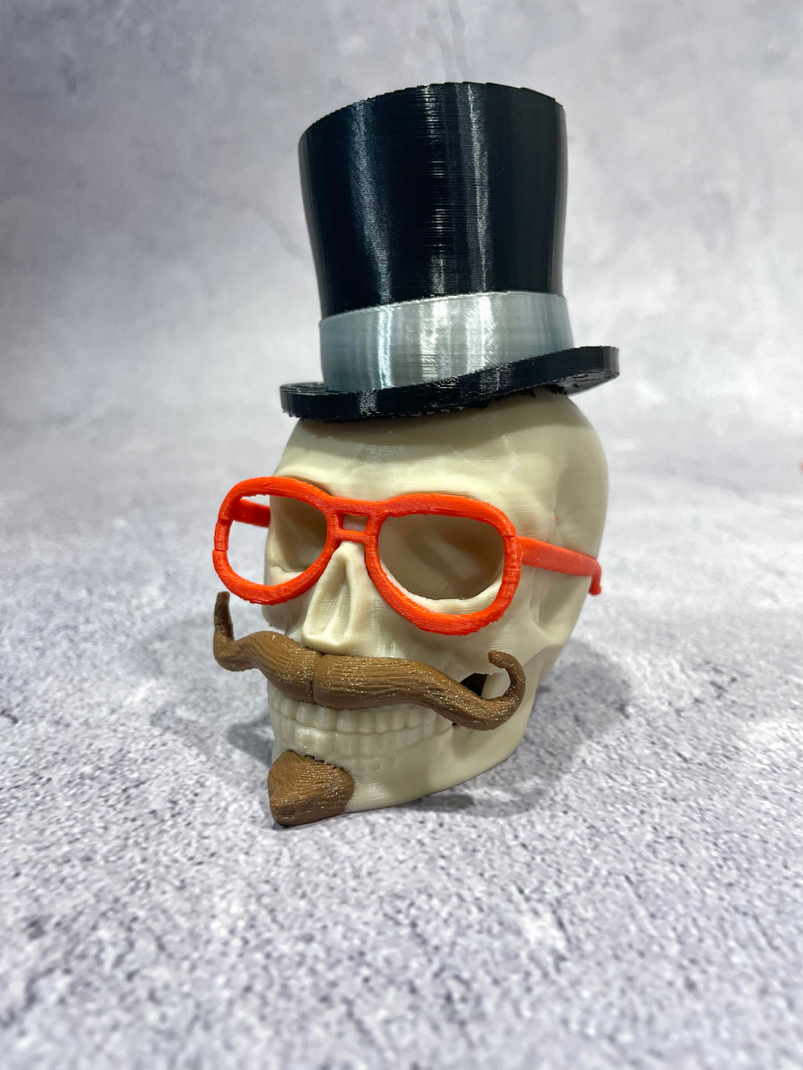 Victorian Gothic Dapper Skull Figurine with Top Hat, Moustache & Glasses