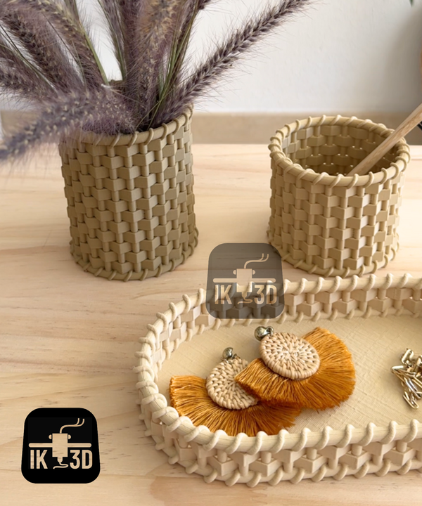 Wicker-Style 3D Printed Containers - Set of 3 Stackable Storage Organizers