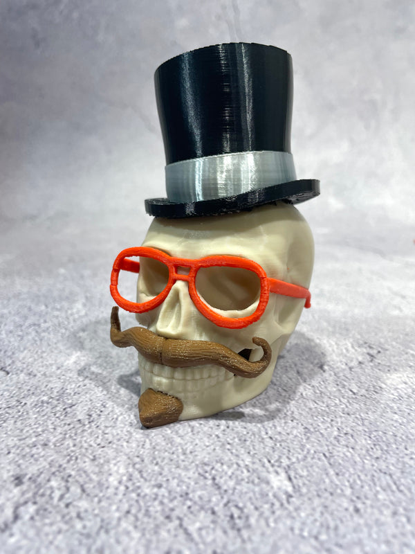 Victorian Gothic Dapper Skull Figurine with Top Hat, Moustache & Glasses