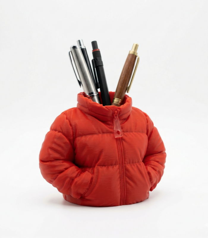 Stylish Puffer Jacket Pen Holder - 3D Printed Desk Organizer for Stationery
