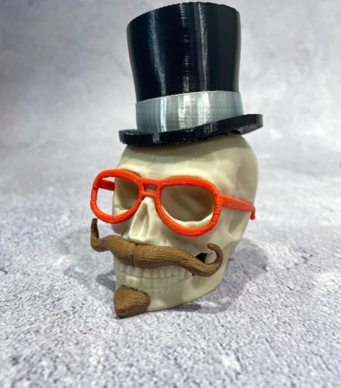 Victorian Gothic Dapper Skull Figurine with Top Hat, Moustache & Glasses